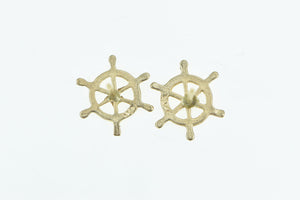 14K Ship Wheel Nautical Direction Motif Stud Earrings Yellow Gold