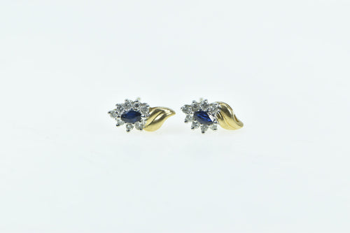 14K Marquise Sapphire Diamond Vintage Stud Earrings Yellow Gold