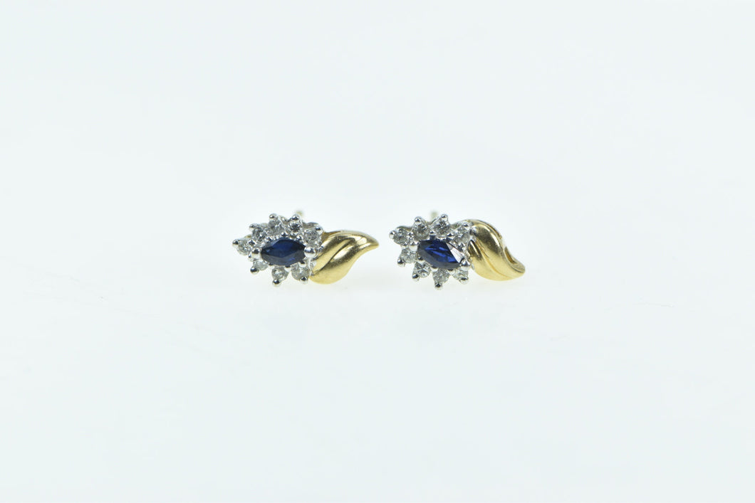 14K Marquise Sapphire Diamond Vintage Stud Earrings Yellow Gold