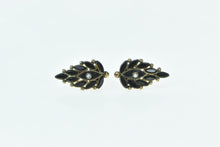 Load image into Gallery viewer, 14K Victorian Black Onyx Seed Pearl Petal Screw Back Earrings Yellow Gold