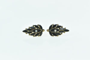 14K Victorian Black Onyx Seed Pearl Petal Screw Back Earrings Yellow Gold