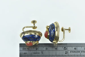 14K Lapis Lazuli Coral Beetle Screw Back Statement Earrings Yellow Gold