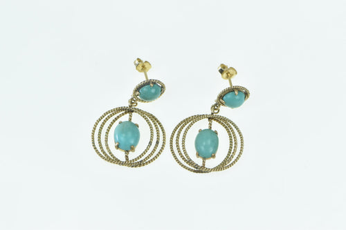 14K Vintage Turquoise Circle Ornate Dangle Statement Earrings Yellow Gold