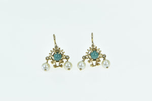 14K Ornate Turquoise Pearl Dangle Fashion Hook Earrings Yellow Gold