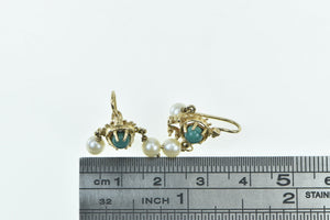 14K Ornate Turquoise Pearl Dangle Fashion Hook Earrings Yellow Gold