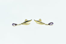 Load image into Gallery viewer, 14K Pear Amethyst Dangle Wavy Leaf Statement Earrings Yellow Gold