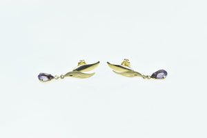 14K Pear Amethyst Dangle Wavy Leaf Statement Earrings Yellow Gold