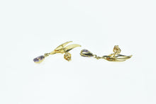 Load image into Gallery viewer, 14K Pear Amethyst Dangle Wavy Leaf Statement Earrings Yellow Gold