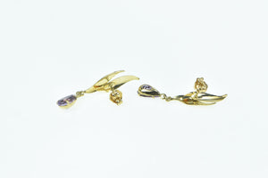 14K Pear Amethyst Dangle Wavy Leaf Statement Earrings Yellow Gold