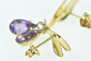 14K Pear Amethyst Dangle Wavy Leaf Statement Earrings Yellow Gold