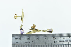 14K Pear Amethyst Dangle Wavy Leaf Statement Earrings Yellow Gold