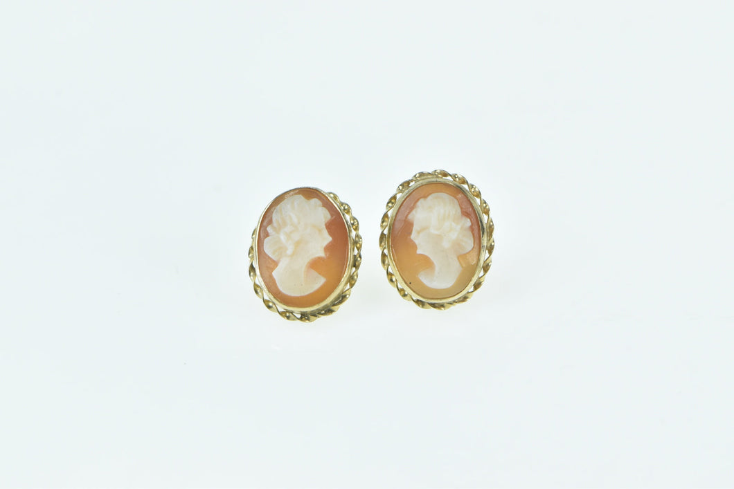 14K Oval Carved Shell Cameo Statement Stud Earrings Yellow Gold