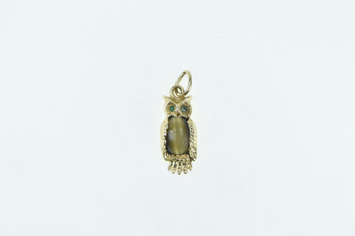 14K Tiger's Eye Syn. Emerald Owl Wisdom Symbol Charm/Pendant Yellow Gold