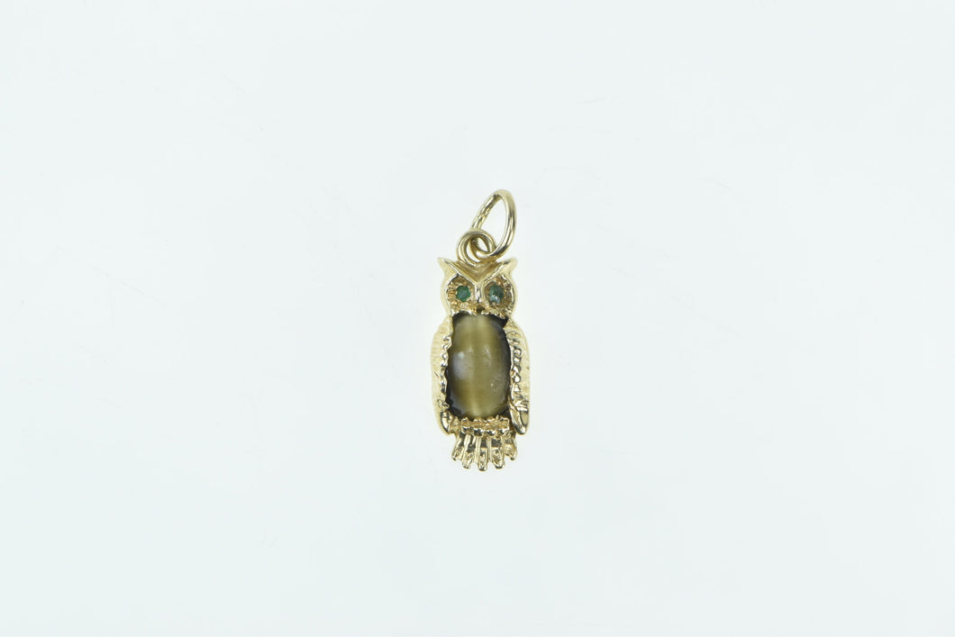 14K Tiger's Eye Syn. Emerald Owl Wisdom Symbol Charm/Pendant Yellow Gold