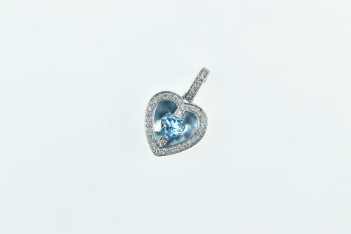 14K Heart Blue Topaz Diamond Halo Love Symbol Pendant White Gold