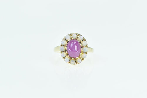 14K Oval Syn. Star Ruby Opal Halo Statement Ring Yellow Gold