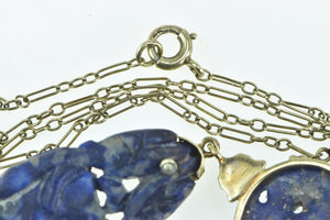 14K Retro Ornate Carved Lapis Lazuli Floral Drop Necklace 16" Yellow Gold