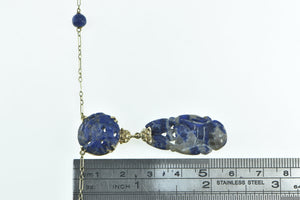 14K Retro Ornate Carved Lapis Lazuli Floral Drop Necklace 16" Yellow Gold