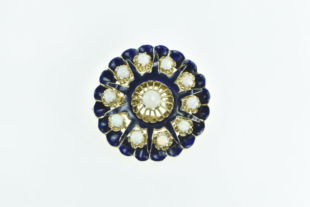 14K Victorian Scalloped Blue Enamel Opal Ornate Pendant/Pin Yellow Gold