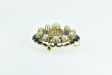Load image into Gallery viewer, 14K Victorian Scalloped Blue Enamel Opal Ornate Pendant/Pin Yellow Gold
