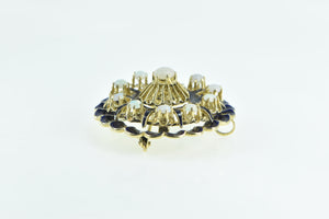 14K Victorian Scalloped Blue Enamel Opal Ornate Pendant/Pin Yellow Gold