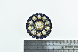 14K Victorian Scalloped Blue Enamel Opal Ornate Pendant/Pin Yellow Gold