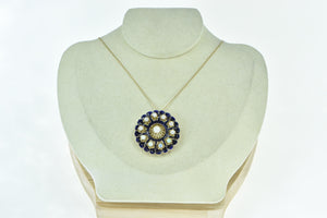14K Victorian Scalloped Blue Enamel Opal Ornate Pendant/Pin Yellow Gold