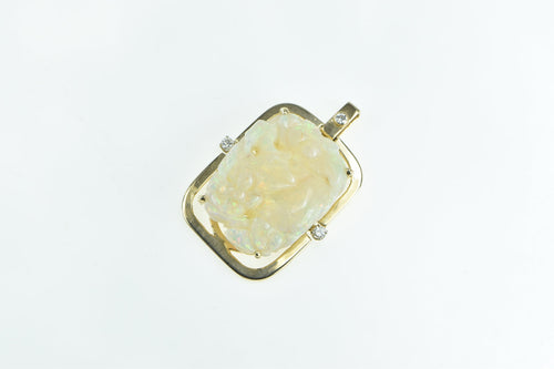 14K Natural Carved Floral Opal Diamond Statement Pendant Yellow Gold