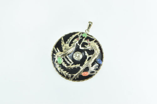 14K Black Onyx Chinese Dragon Bi Ornate Pendant Yellow Gold