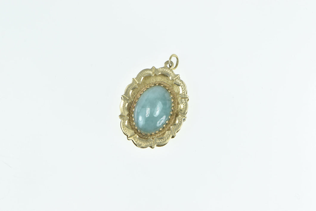14K Oval Jadeite Scalloped Trim Etched Statement Pendant Yellow Gold