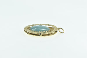 14K Oval Jadeite Scalloped Trim Etched Statement Pendant Yellow Gold