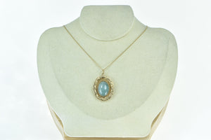 14K Oval Jadeite Scalloped Trim Etched Statement Pendant Yellow Gold