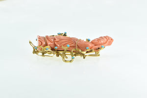 14K Ornate Chinese Coral Turquoise Water Bearer Pin/Brooch Yellow Gold