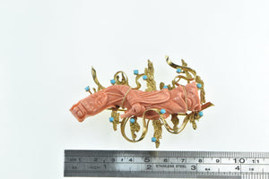 14K Ornate Chinese Coral Turquoise Water Bearer Pin/Brooch Yellow Gold