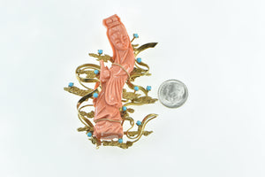 14K Ornate Chinese Coral Turquoise Water Bearer Pin/Brooch Yellow Gold