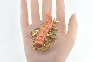 14K Ornate Chinese Coral Turquoise Water Bearer Pin/Brooch Yellow Gold