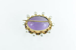 18K Victorian Oval Amethyst Pearl Ornate Statement Pin/Brooch Yellow Gold