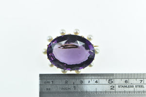 18K Victorian Oval Amethyst Pearl Ornate Statement Pin/Brooch Yellow Gold