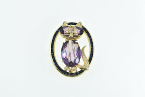 14K Amethyst Seed Pearl Syn. Sapphire Cat Oval Pin/Brooch Yellow Gold