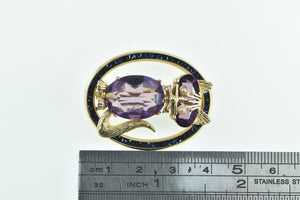 14K Amethyst Seed Pearl Syn. Sapphire Cat Oval Pin/Brooch Yellow Gold