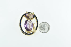 14K Amethyst Seed Pearl Syn. Sapphire Cat Oval Pin/Brooch Yellow Gold