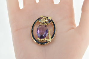 14K Amethyst Seed Pearl Syn. Sapphire Cat Oval Pin/Brooch Yellow Gold