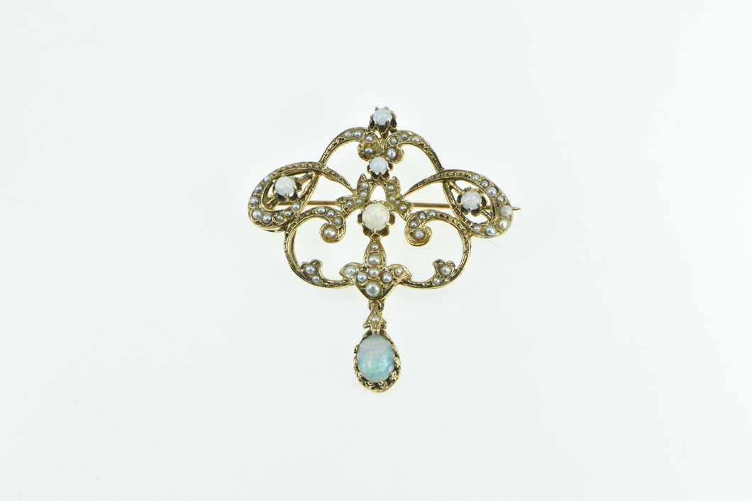 14K Victorian Seed Pearl Opal Ornate Drop Statement Pendant/Pin Yellow Gold