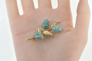 14K Pear Jadeite Leaf Branch Vintage Nature Motif Pin/Brooch Yellow Gold