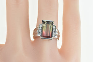 18K Emerald Cut Watermelon Tourmaline Diamond Ring White Gold