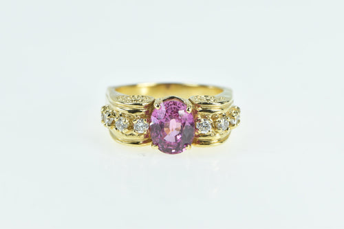 18K Oval Pink Sapphire Diamond Swirl Statement Ring Yellow Gold