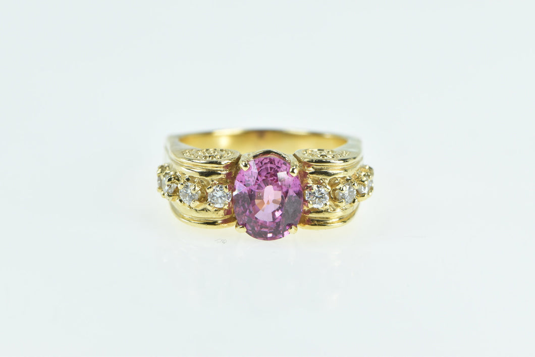 18K Oval Pink Sapphire Diamond Swirl Statement Ring Yellow Gold