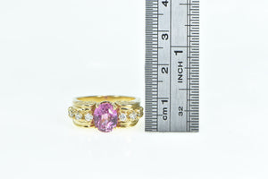 18K Oval Pink Sapphire Diamond Swirl Statement Ring Yellow Gold