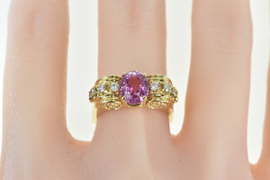 18K Oval Pink Sapphire Diamond Swirl Statement Ring Yellow Gold