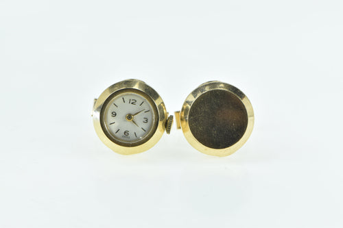 14K Retro Mechanical Watch Face Statement Cuff Links Yellow Gold